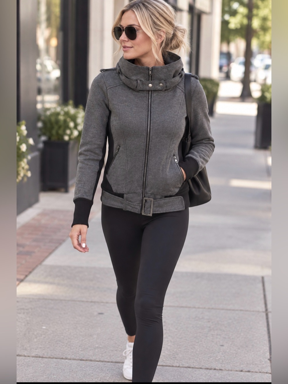 Eunishop Dark Gray Zip-Up Moto Jacket with High Collar